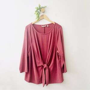 Soft Surroundings Corrie Pink Minimalist Ribbed Knit Front Knot 3/4 Blouse